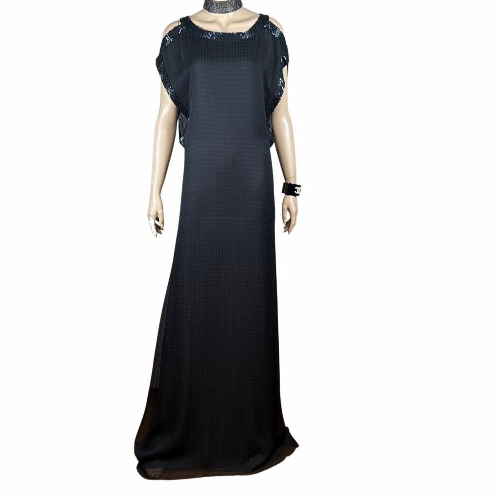 NWT Nina Ricci Black Silk Georgette Beaded Cold Shoulder Maxi Gown Dress FR 44 U - Picture 2 of 16